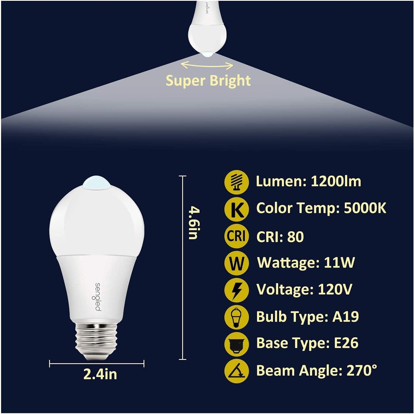 Sengled Motion Sensor LED Bulbs, A19 5000K Daylight Dusk to Dawn Motion Activated Light, 11W (75W Equivalent) 1200 Lumens for Indoor & Outdoor Use