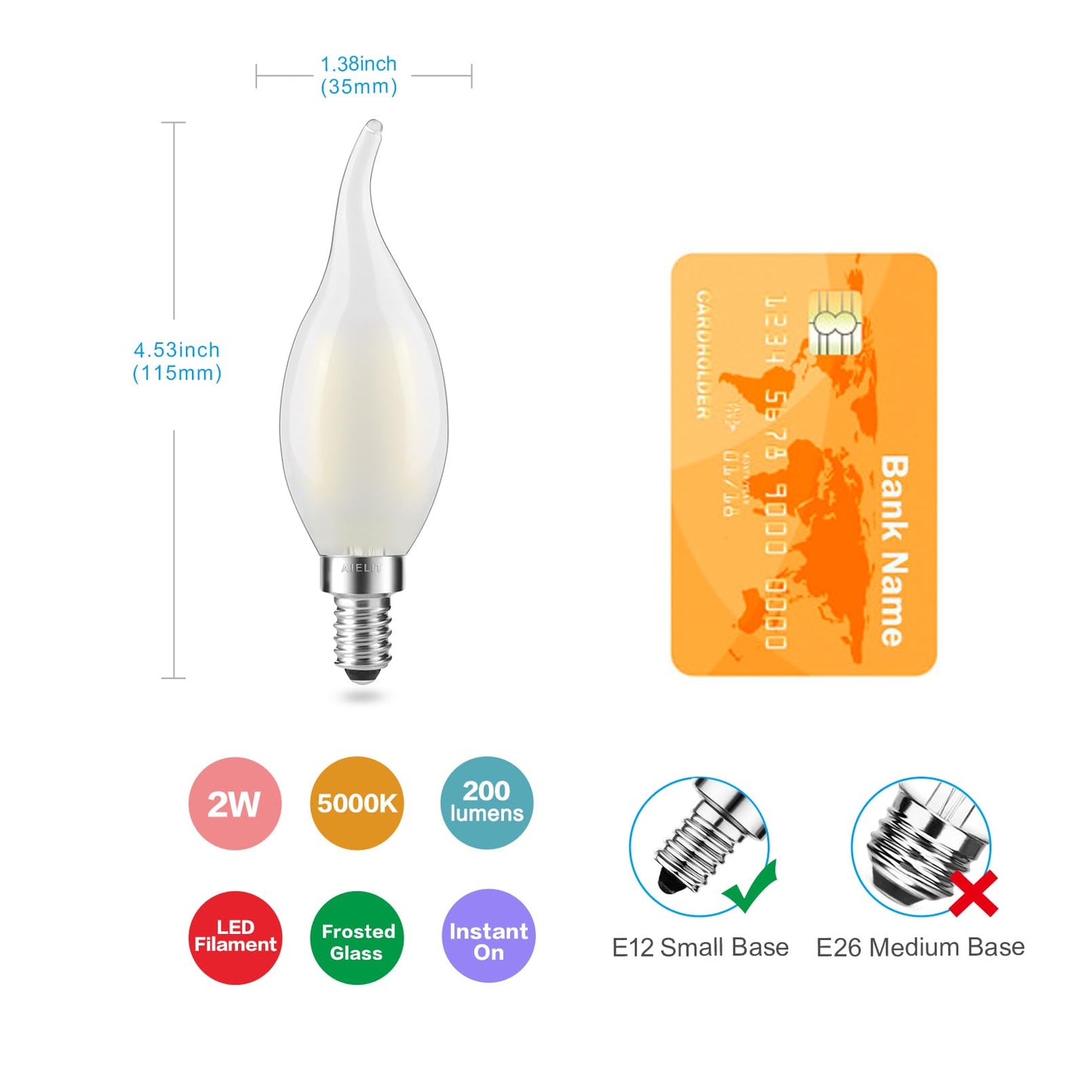 AIELIT Frosted E12 LED Candelabra Bulb Daylight, Dimmable, 2 Watt(25W Equivalent), Bright White 5000K, Flame Tip CA10 LED Candle Light Bulbs for Home