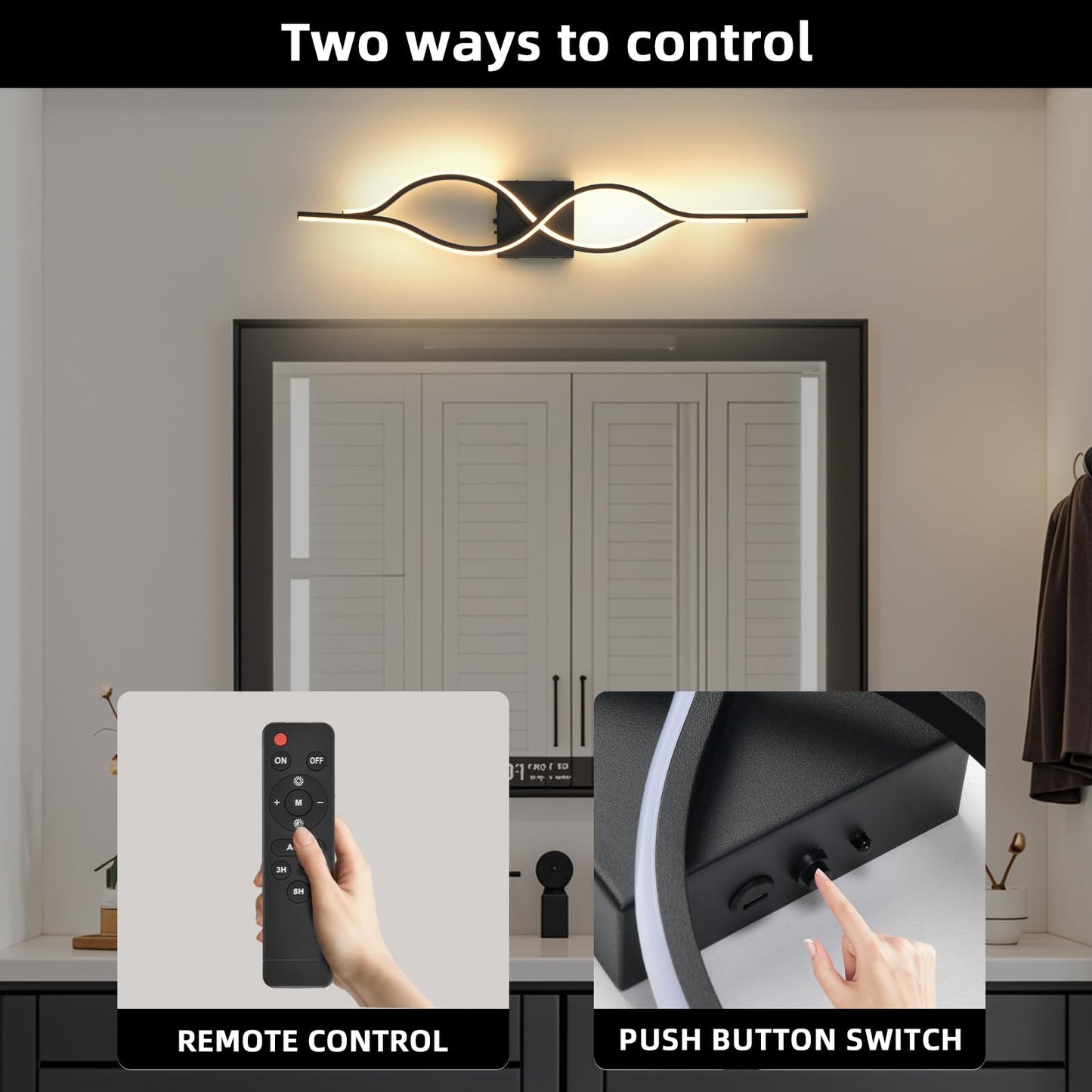 Battery Operated Wall Sconces Set of 2, Black 31.4'' LED Dimmable Wall Sconce with Remote Control, Adjustable Color Temperature Brightness for Living
