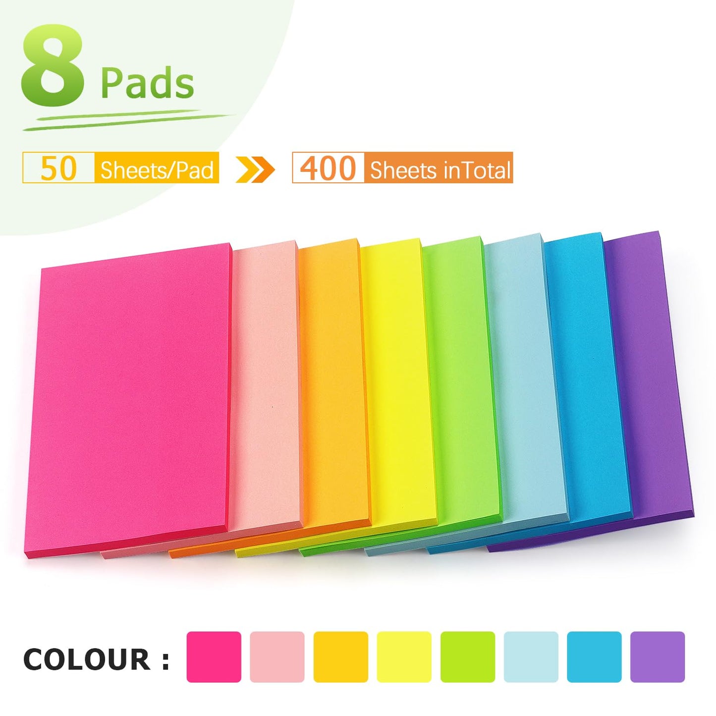 Sticky Notes 3x3 inch Bright Colors Pads 12 Pads/Pack 100 Sheets/Pad Total 1200 Sheets with Pink Self-Stick