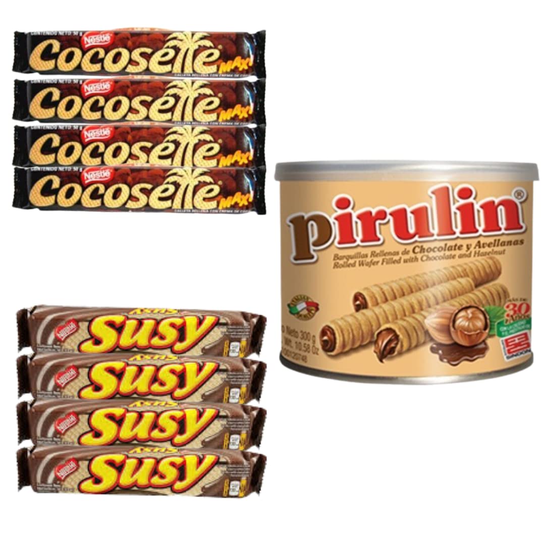 Latinsabor Venezuela Snacks Sweet Pack: COCOSETTE Cookie Wafers 50 gr (4 Pack) + SUSY Cookie Wafers 50 Gr (4 pack) + Pirulin Wafer Filled…
