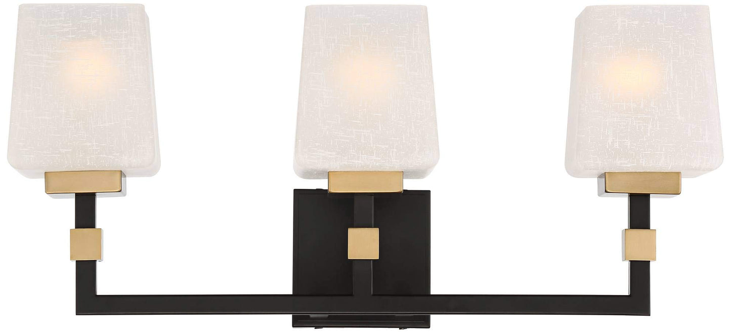 Possini Euro Design Beauregard Modern Industrial Wall Light Black Gold Metal Hardwired 21 3/4" Wide 3-Light Fixture Mounted Square Linen Glass Shade