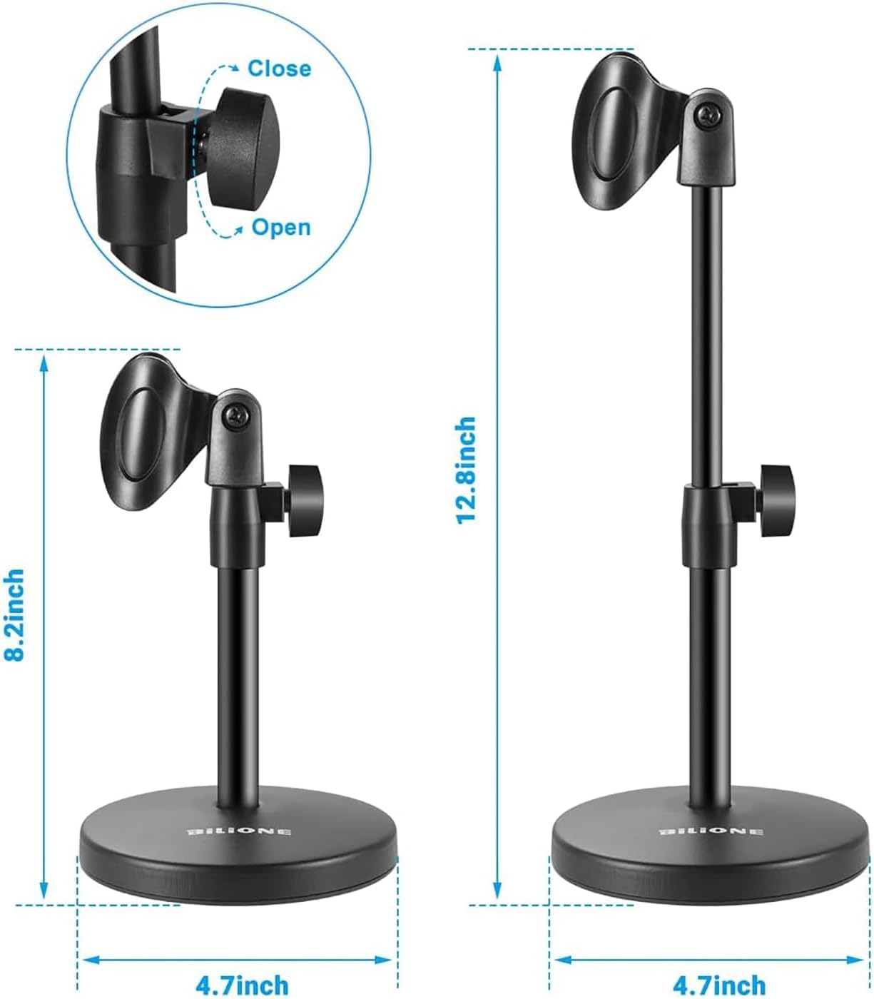 BILIONE 3 in 1 Multi Function Desktop Microphone Stand, Adjustable Table Mic Stand with Microphone Clip, Cell Phone Clip, 5/8" Male to 3/8" Female
