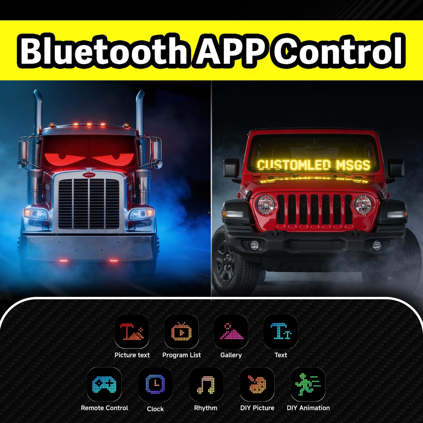 Heavy Duty Truck LED Sign, High-Brightness Flexible LED Matrix Panel, USB 5V Bluetooth APP DIY Animated Display for Semi Bus RV Vehicle Windshield