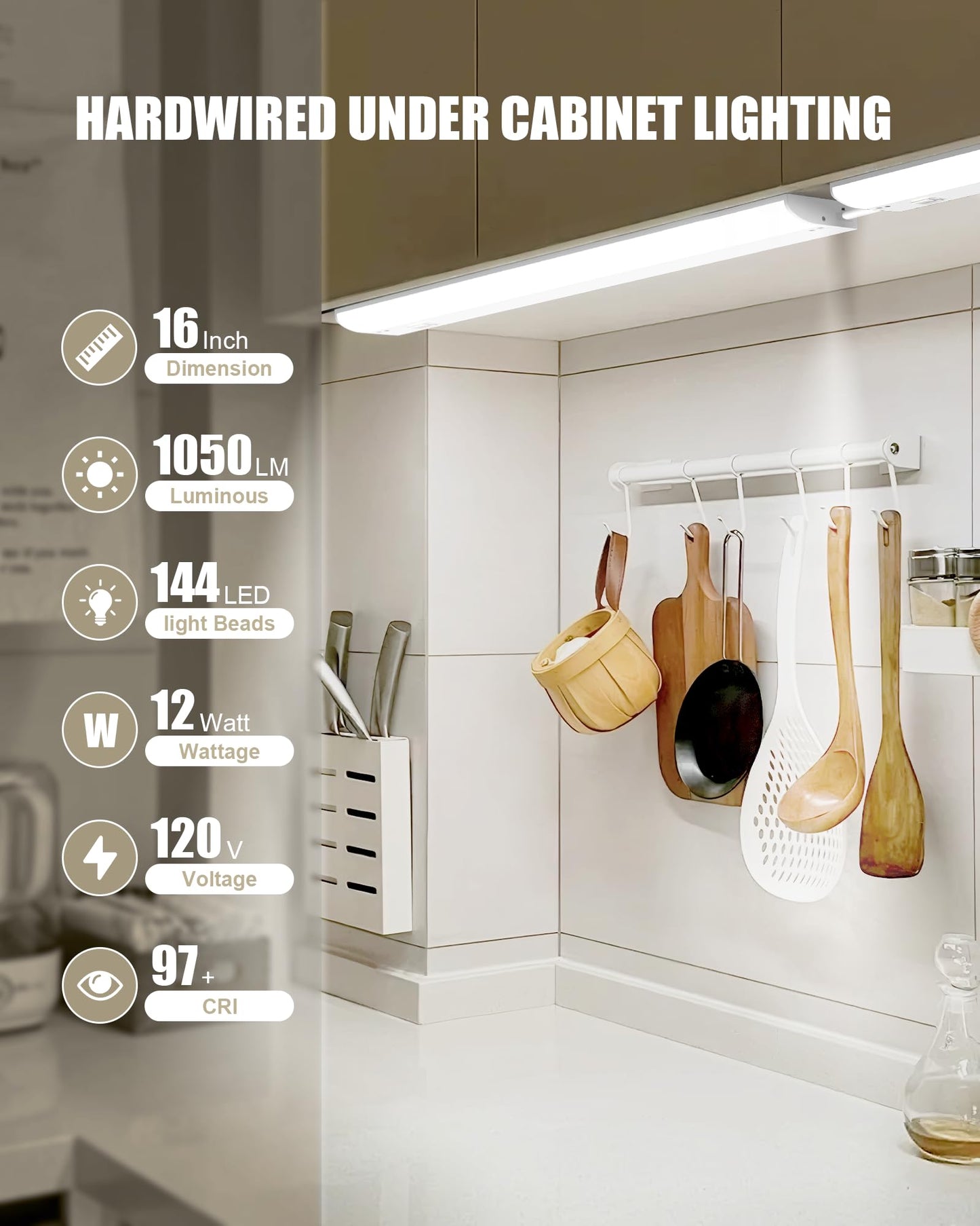 Under Cabinet Lighting Hardwired & Plug-in, 16 inch 3CCT Dimmable Linkable Under Counter Lights for Kitchen,with Power Cord and Linked Cord, CRI 97