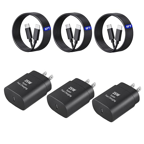 USB C Fast Charger,3 Pack 25W Type C Fast Charger Wall Charger Fast Charging Block with 6ft Cable for Galaxy S24 S23 S22 S21 S20 Ultra S10 S9, Note 20