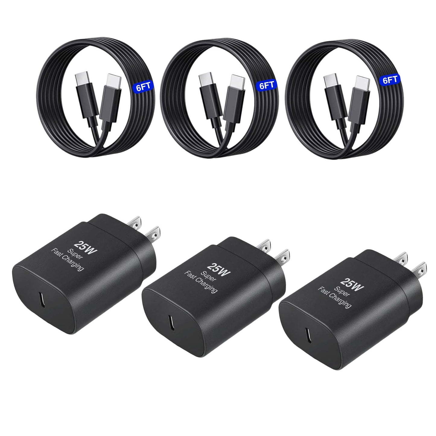 USB C Fast Charger,3 Pack 25W Type C Fast Charger Wall Charger Fast Charging Block with 6ft Cable for Galaxy S24 S23 S22 S21 S20 Ultra S10 S9, Note 20