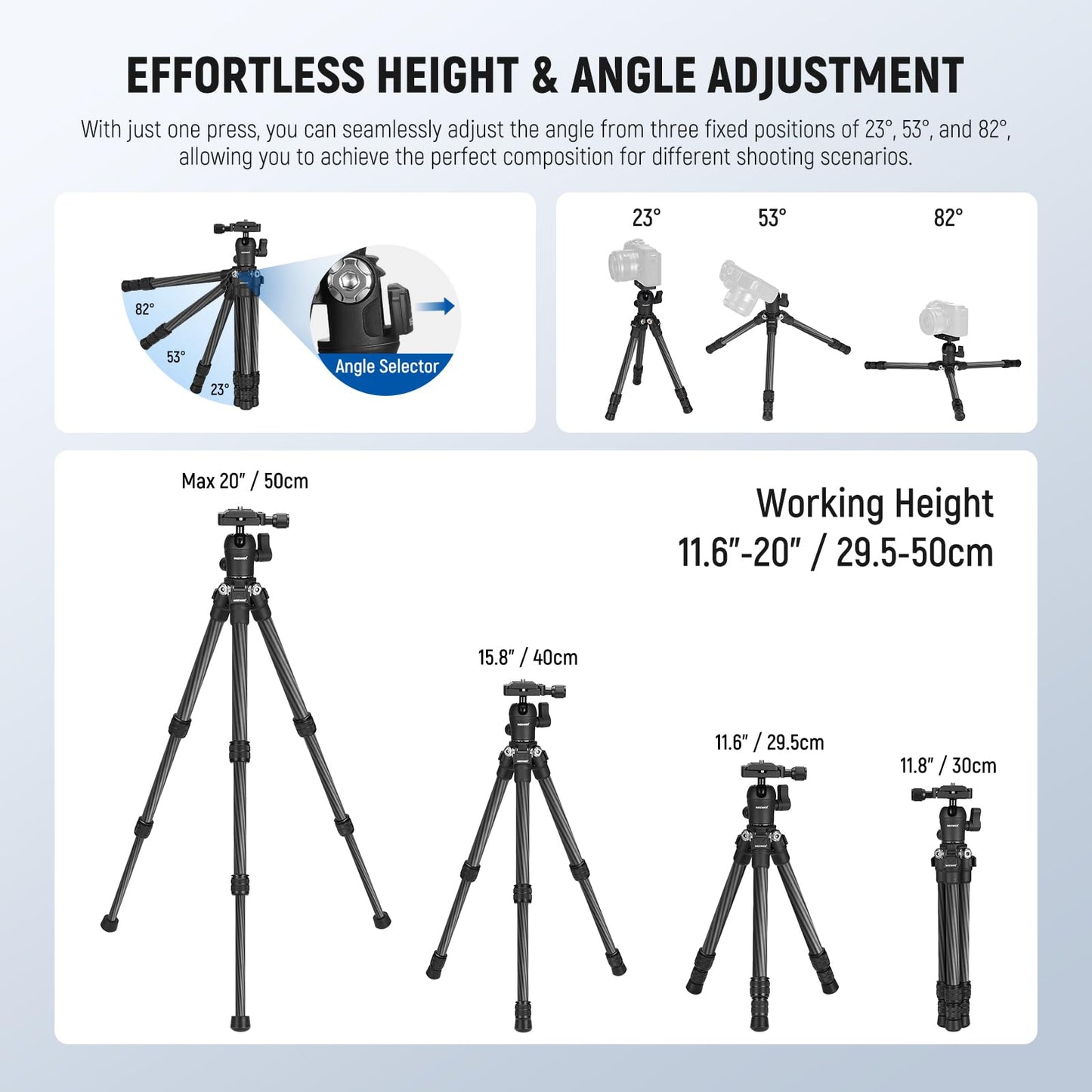 NEEWER TP09 Carbon Fiber Mini Tripod Compatible with iPhone, 20" Lightweight Compact Travel Desktop Tripod Stand with Ball Head, Phone Holder, Remote