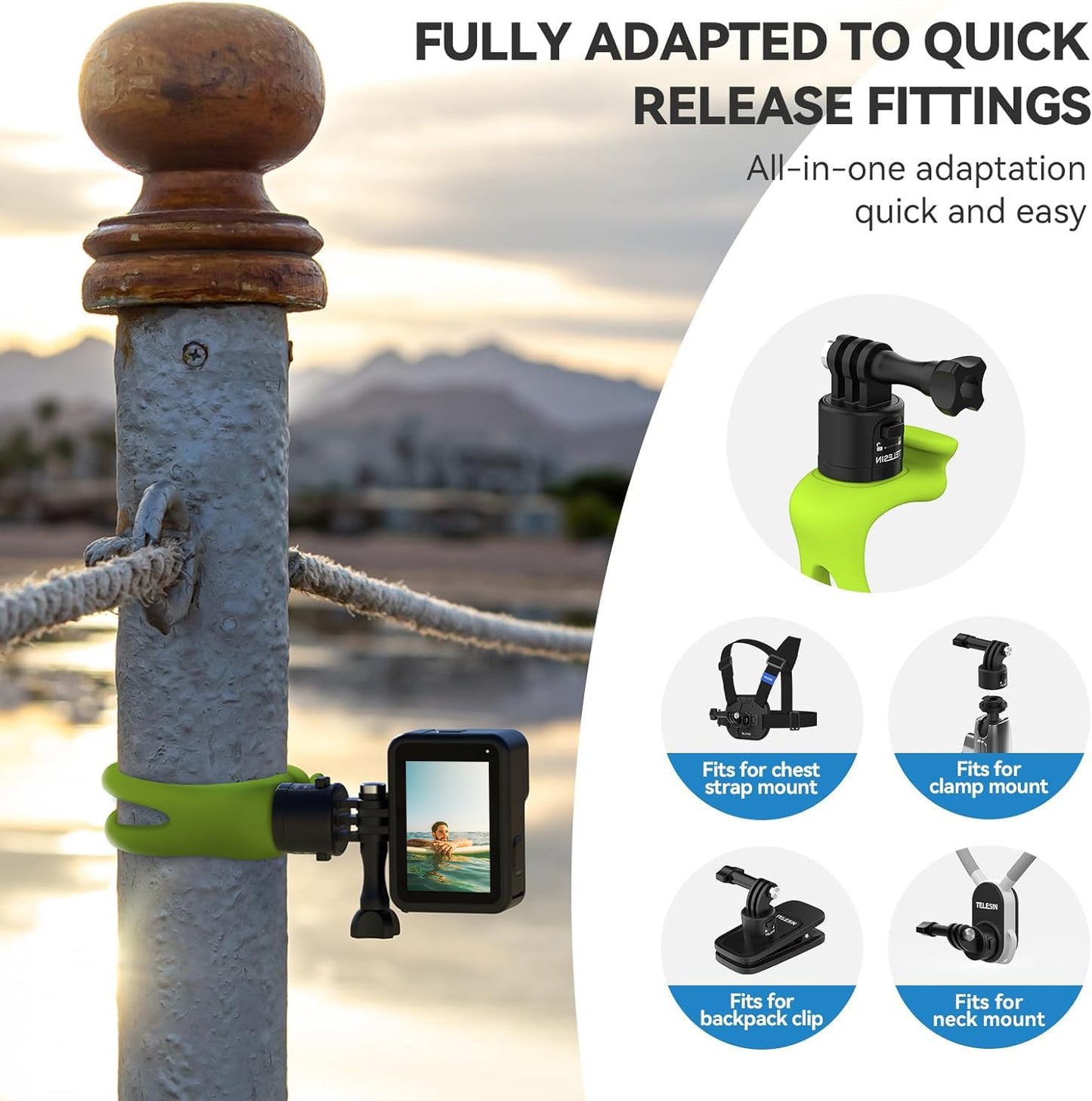 TELESIN S2 Quick Release 360 Flexible Mount Wrap Band, Bike Motorcycle Handlebar Roll Bar Tube Stick Pole Mounting Accessories for GoPro 13 12 11 10 8