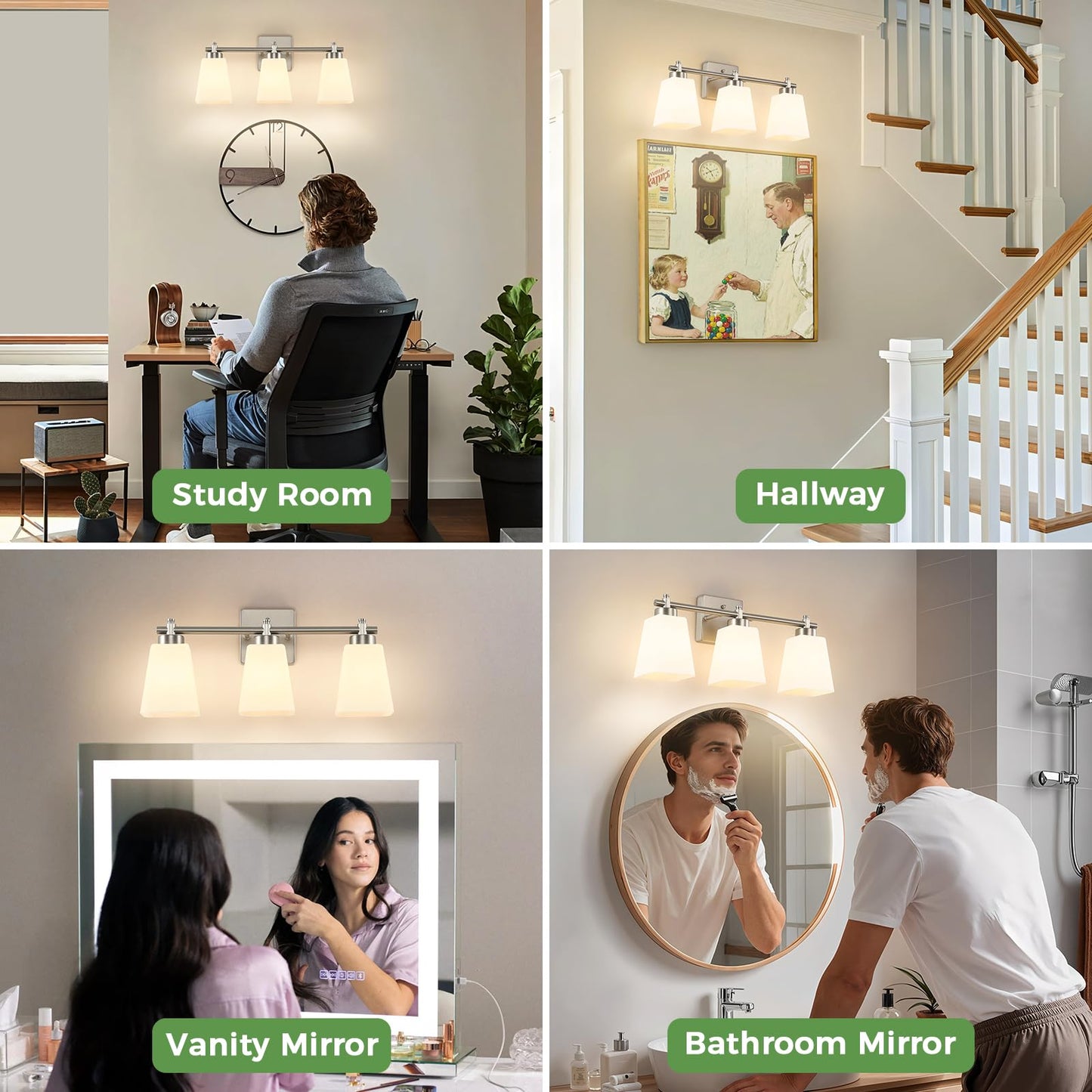 ECOBRT 3-Light Modern Bathroom Vanity Light, Wall Sconce Over Mirror with Milky White Frosted Glass Shades, E26 Socket (Bulbs Not Included)