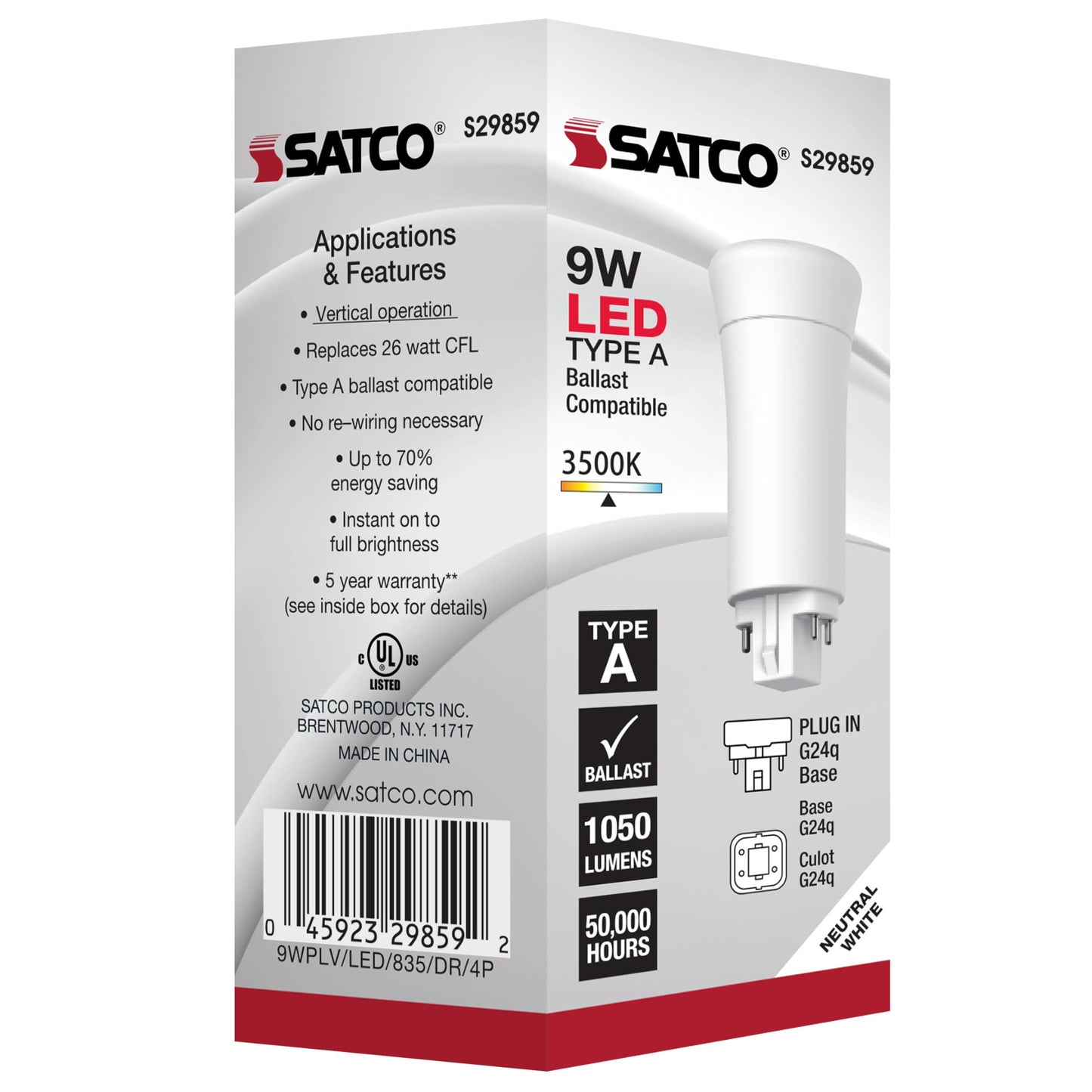 Satco S29859 9-Watt PL LED Light Bulb, G24q Base, 4-Pin Vertical, 3500K