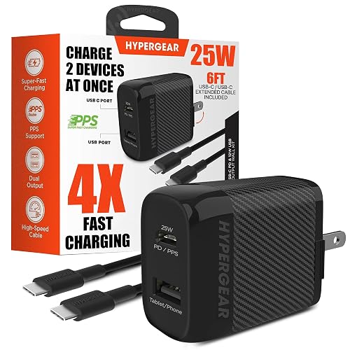 HyperGear SpeedBoost 25W Dual Phone Charger, Type C Charger for Fast Charging with 6 ft Cable, 25W USB-C and 12W USB Wall Kit with PD PPS, Compatible
