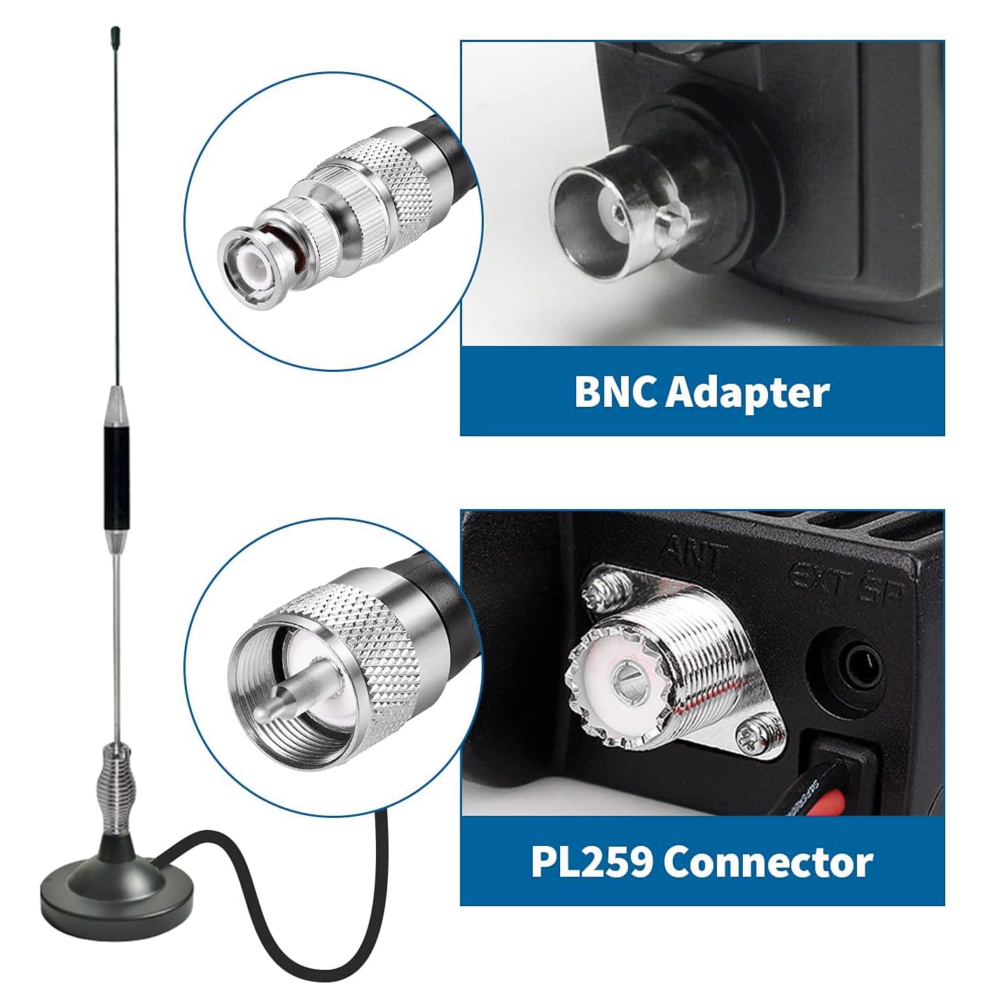 ZWEHKD 27MHz Mobile CB Radio Antenna Full Kit Heavy Duty Vehicle Magnetic Mount CB Antenna PL259 & BNC Male Connector Universal Fit Car Truck SUV