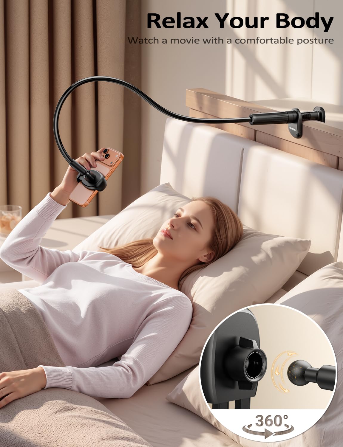 Tryone Gooseneck Phone Holder Hands-Free for Phone Viewing Or Recording, Adjustable Stable Metal Cell Stand Mount for Desk Table Bed, Soporte para