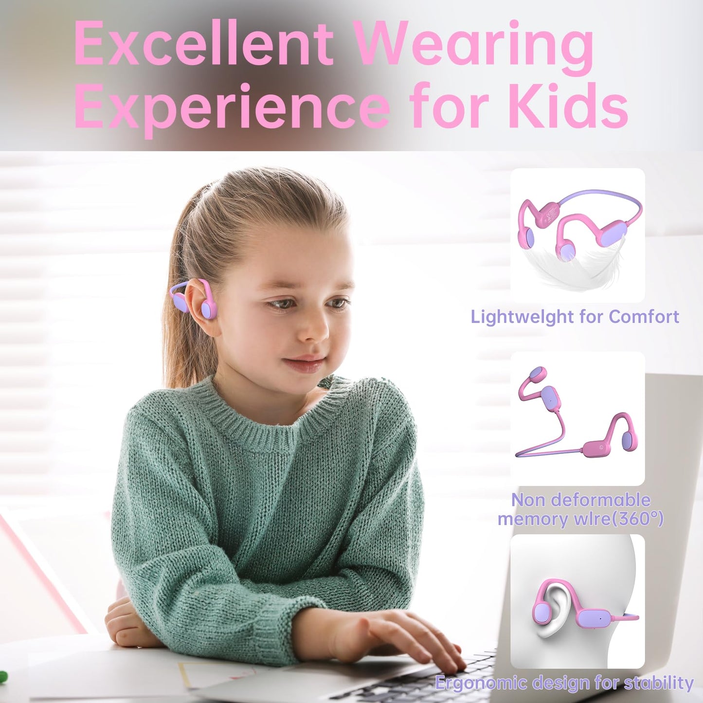 Mehomeli Kids Headphones, Bluetooth 5.2 Air Conduction Open Ear Headphones