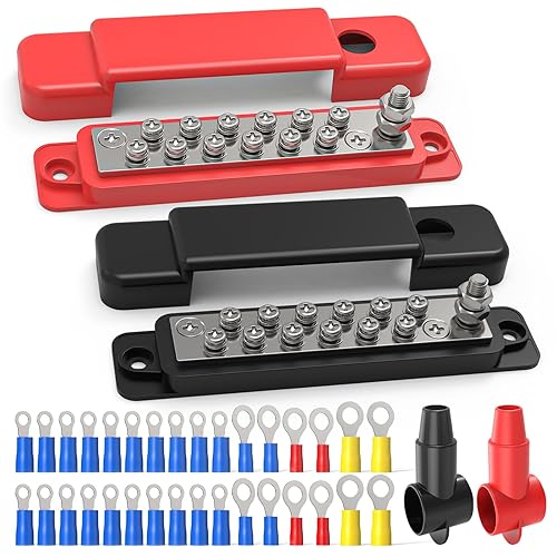 Buhobha 150A 12V/48V Heavy Duty Power Distribution Busbar - Bus Bar 12 Volt DC | 1/4" (M6) Main Stud + 20 M4 Terminals | Suitable