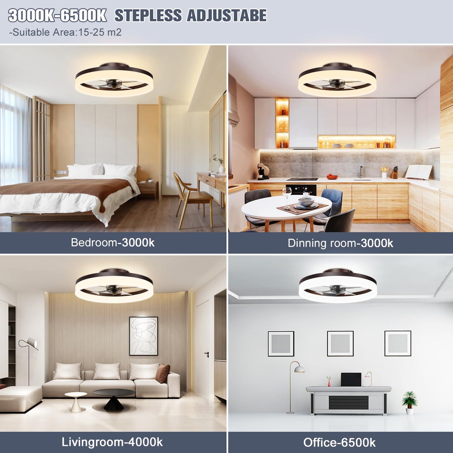 VOLISUN Low Profile Ceiling Fans with Lights and Remote, 19.7in Fandelier Ceiling Fan Flush Mount, 3000K-6500K Smart Bladeless LED Fan Light, Brown