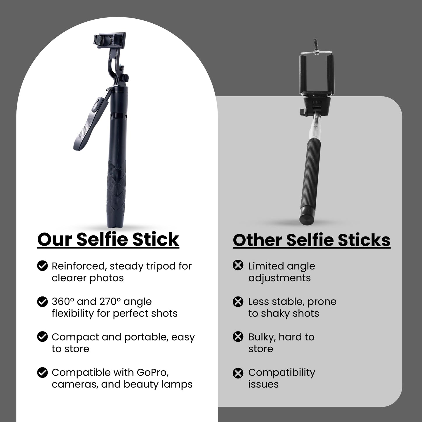61" Selfie Stick Tripod with Wireless Remote - 360° Rotating Phone Tripod Stand, Foldable & Portable Design - Compatible with Smartphones, GoPro
