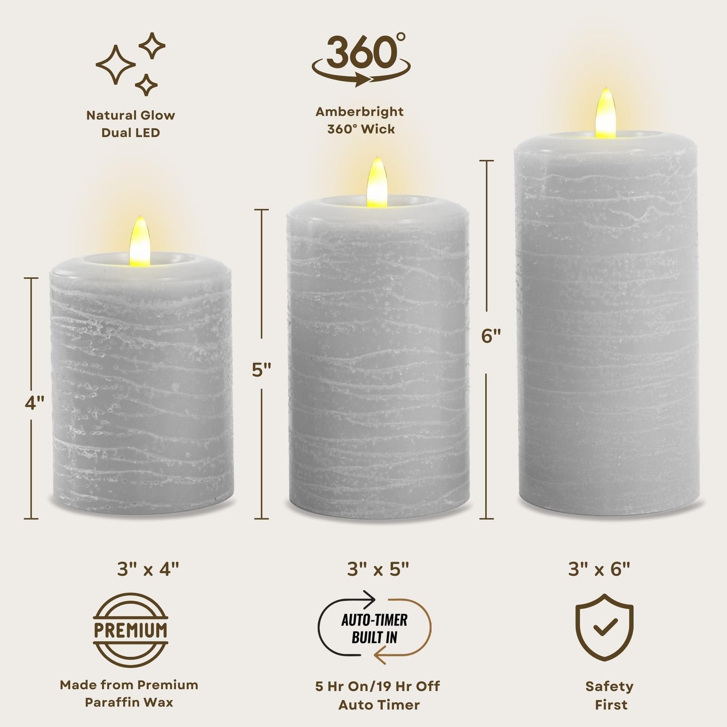 LumiPur Essentials Natural Glow Flameless Flickering Wax Pillar 3 Pack LED Candles (3" x 4" 5" & 6") Gray Fog