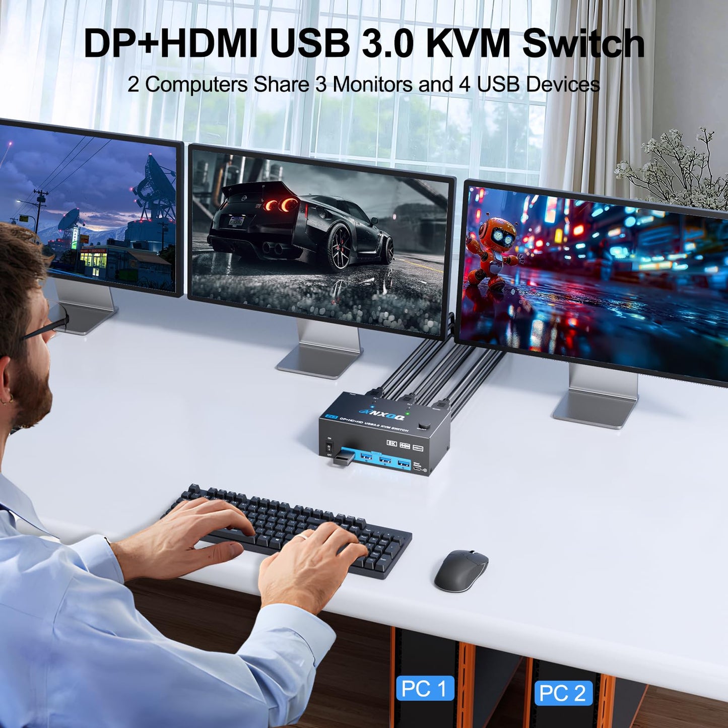 KVM Switch 3 Monitors 2 Computers, ANXQQ 8K@60Hz 4K@144Hz Monitor Switch for 2 Computers, KVM Switch Displayport HDMI with Power Adapter and Wired