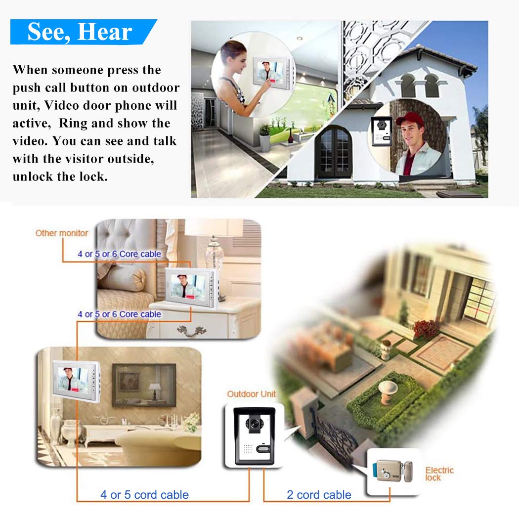 AMOCAM Wired Video Intercom Doorbell System, 3PCS 7-Inches LCD Monitor HD Camera Video Door Phone Doorbell Kits, Support Monitoring, Unlock, Dual-Way