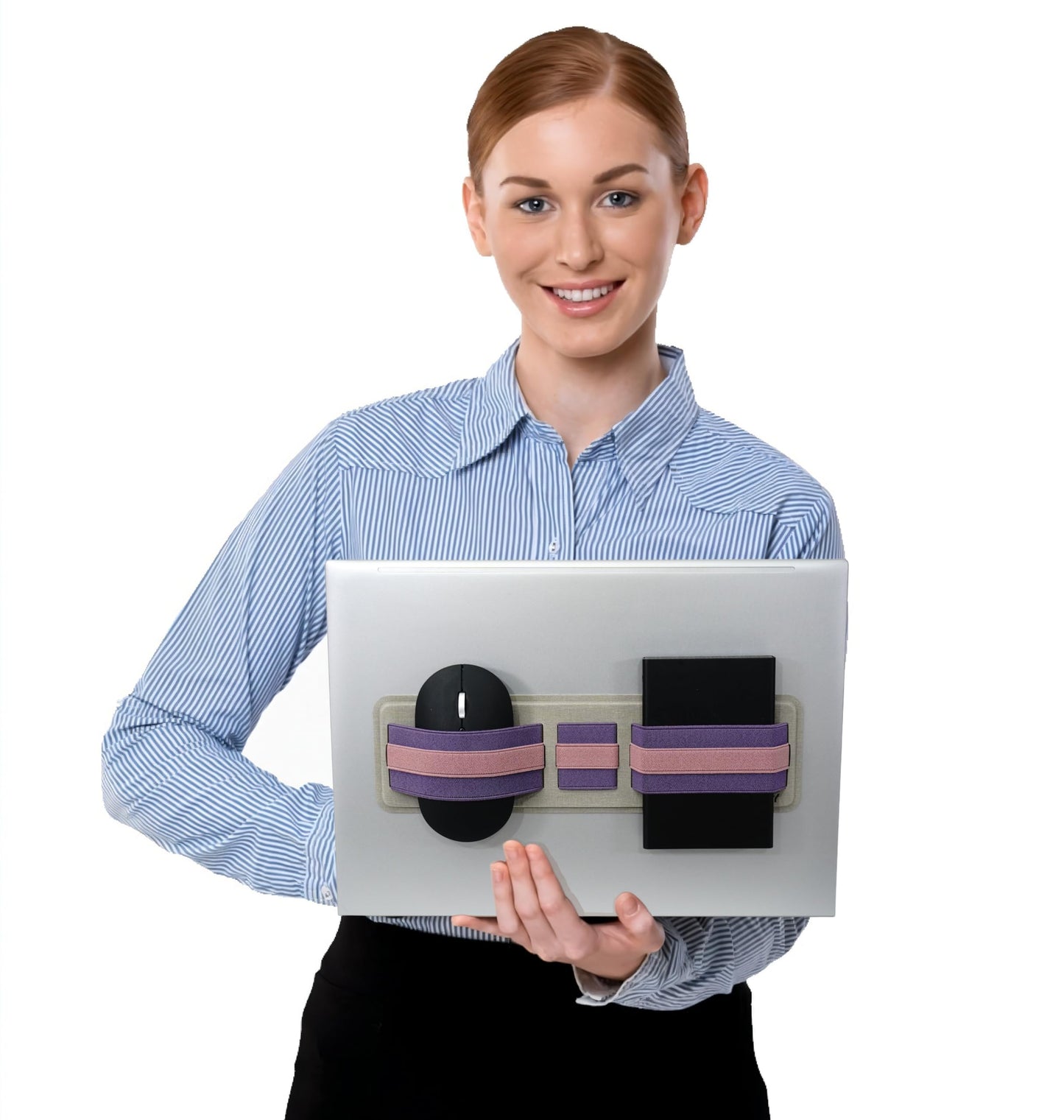 AMOZIFY® Space-Efficient Anti-Slip Organizer, Mouse Holder for Laptop Stick On, 3-Slot Band Laptop Pocket Adhesive | Hard Drive Holder (Purple-Pink)