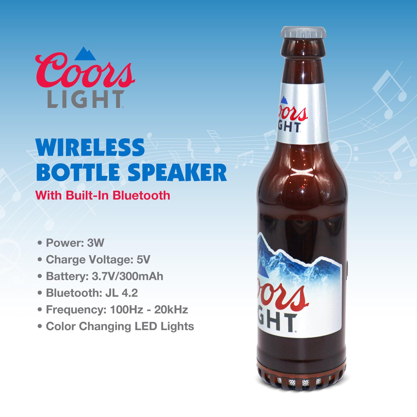 Coors Light Bottle Shape Bluetooth Speaker with High-Fidelity Stereo, Splash Proof, 6H Playtime & AUX Port - Ideal for Outdoor, Indoor Parties