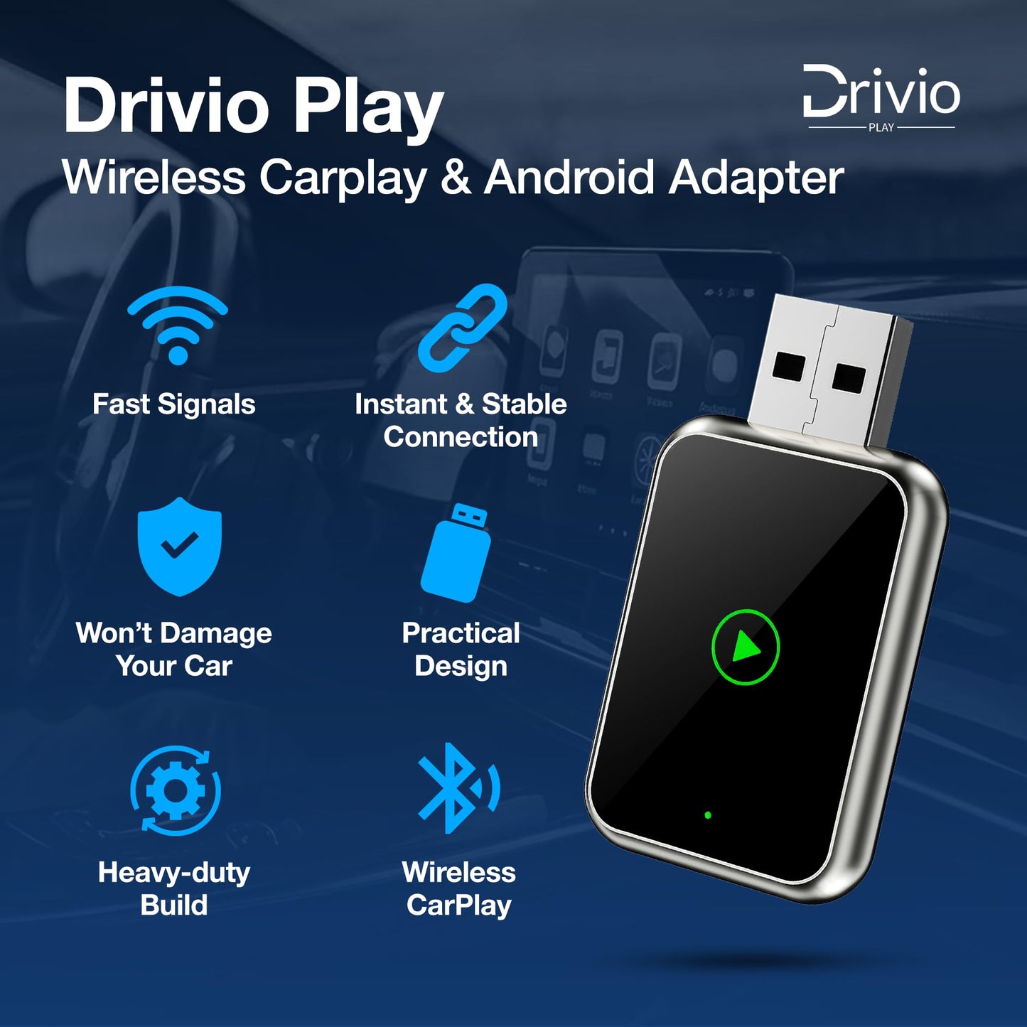 Drivio Wireless CarPlay Adapter for iPhone & Android | USB CarPlay Wireless Adapter with Screen Mirroring | 2026 Bluetooth Car Play Dongle Apple Play