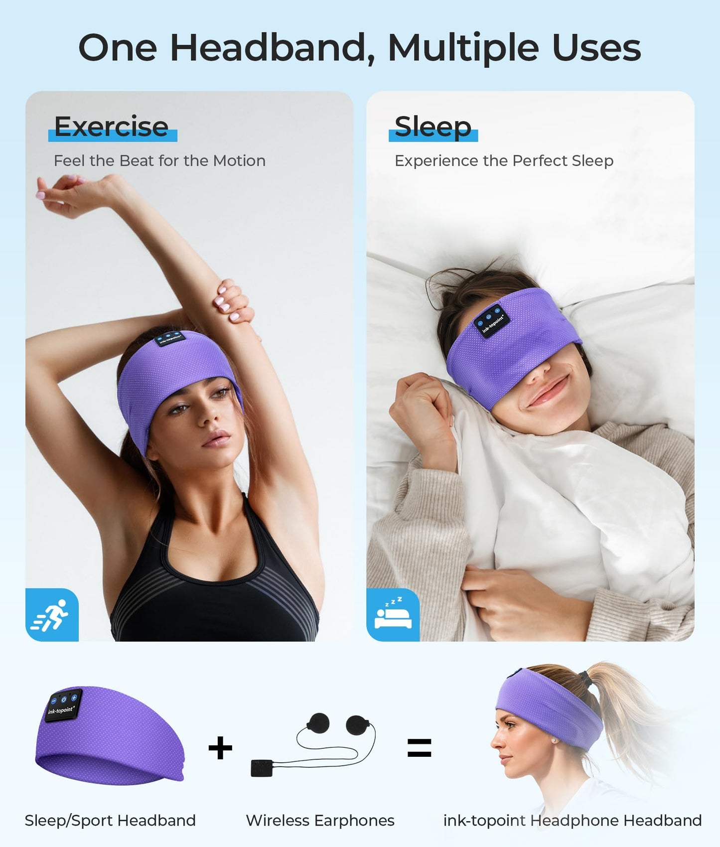 ink-topoint Sleep Headphones Bluetooth 5.4 Headband, 2 in 1 Sleep Mask with Bluetooth Headphones, Wireless Headband Earphones with Ultra-Thin HD