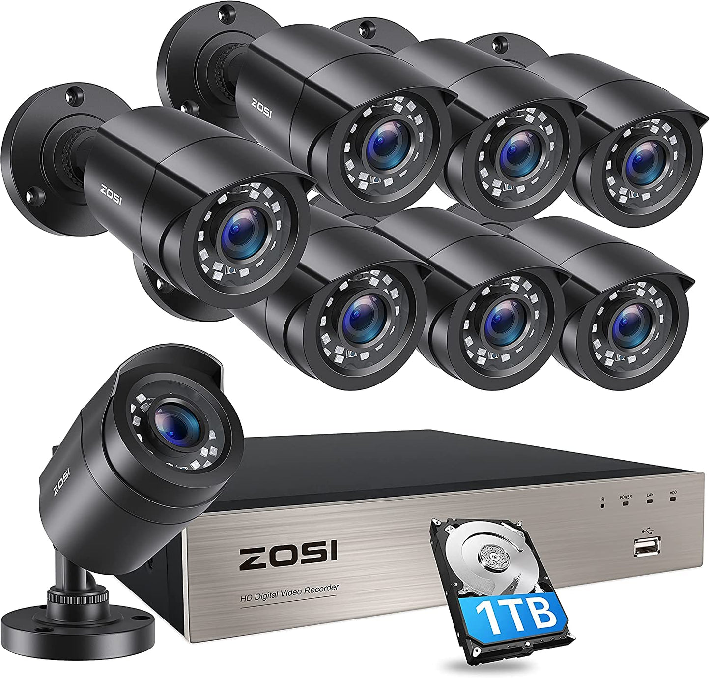 ZOSI 8CH 1080P Security Camera System with 1TB Hard Drive H.265+ 8 CH 5MP Lite Video DVR Recorder with 8X 1080P HD 1920TVL CCTV Cameras, Motion Alert