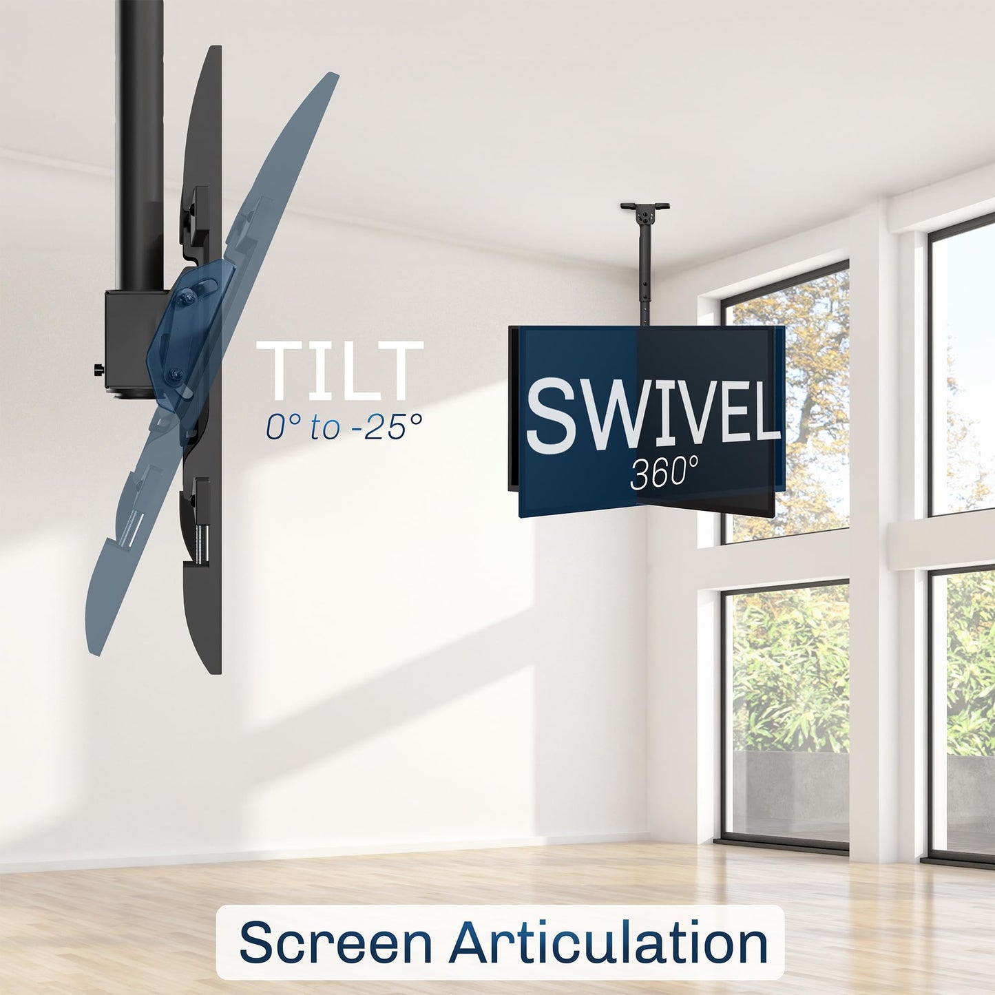 VIVO Ceiling Swivel TV Mount for 43 to 86 inch Screens, Telescoping Height Adjustment with 3ft Extension Pole, Fits Pitched/Vaulted Roof, Holds 132