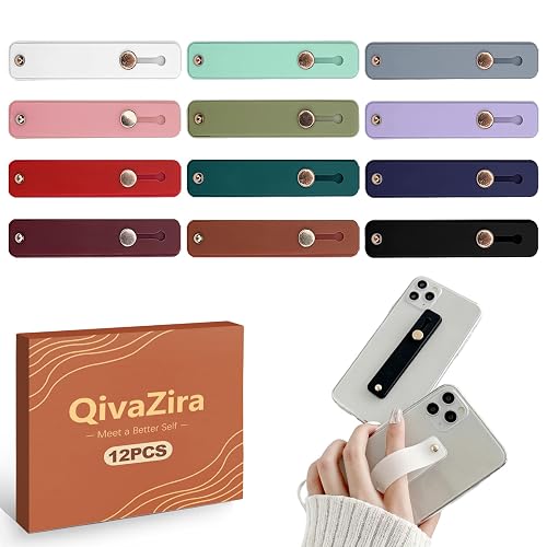 QivaZira 12 Pack Phone Finger Strap Silicone Grip Loop Holder for Universal Cell Phone Case Adhesive Back Loop for One Hand Operation Mobile Phone
