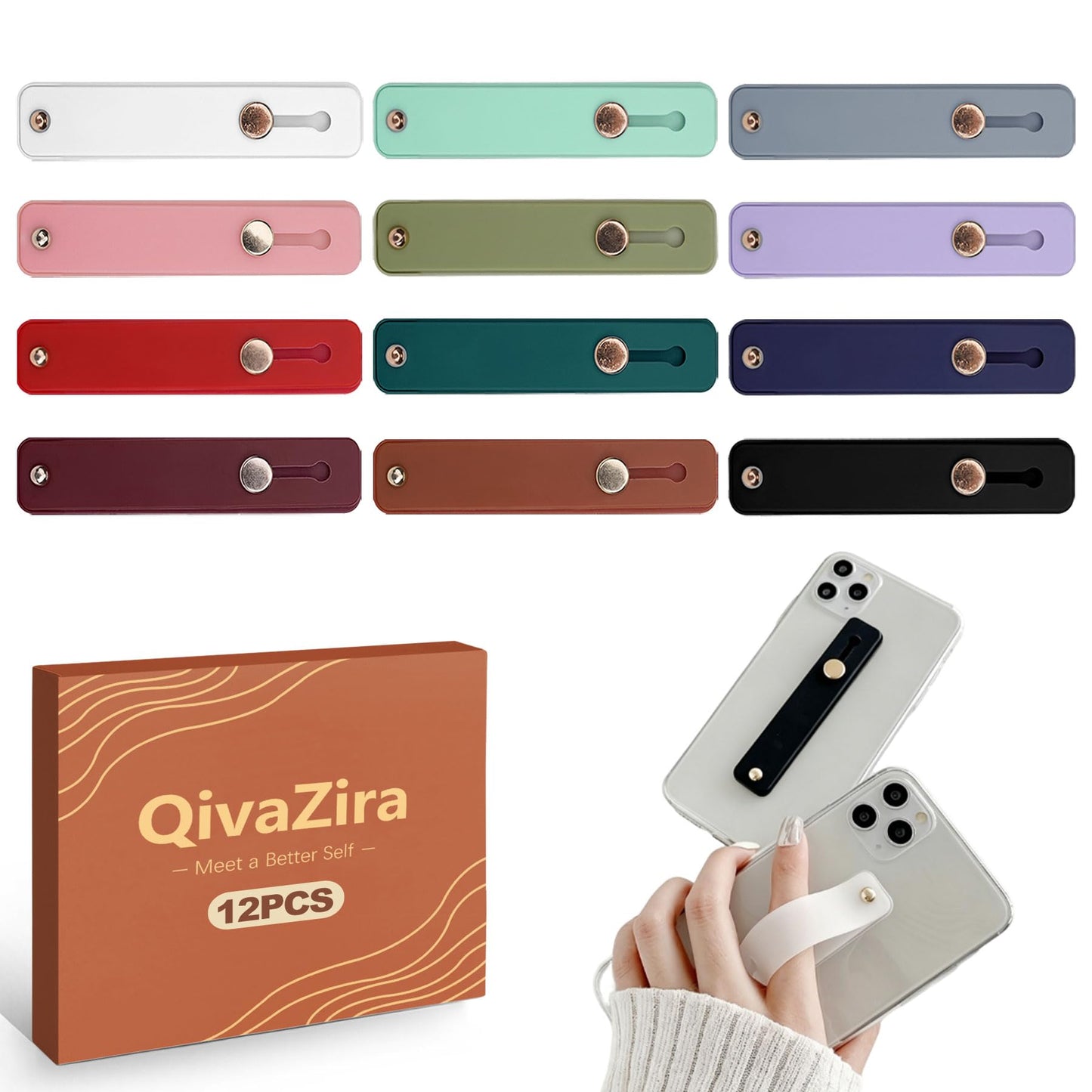 QivaZira 12 Pack Phone Finger Strap Silicone Grip Loop Holder for Universal Cell Phone Case Adhesive Back Loop for One Hand Operation Mobile Phone