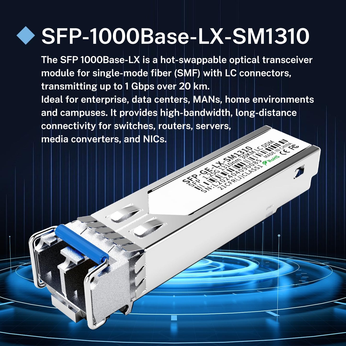 2Pack 1.25G SFP LC Module 1000Base-LX Single-Mode Transceiver (SMF, 1310nm, 20km, DDM) - Compatible with Cisco GLC-LH-SMD, Ubiquiti UniFi, Meraki