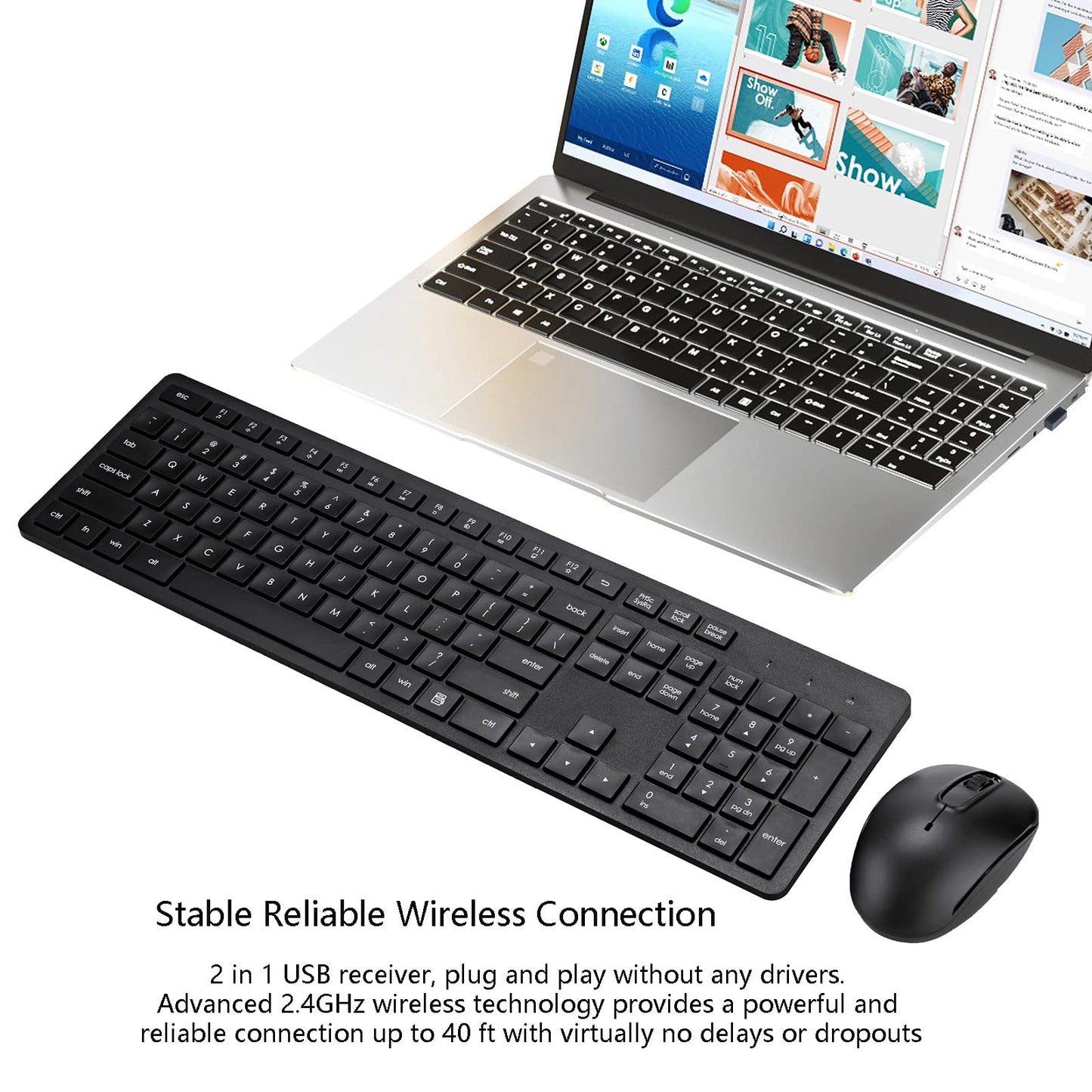 Wireless Keyboard and Mouse Combo, 2.4G Silent Cordless Keyboard Mouse Combo for Windows Chrome Laptop Computer PC Desktop, 106 Keys Full Size