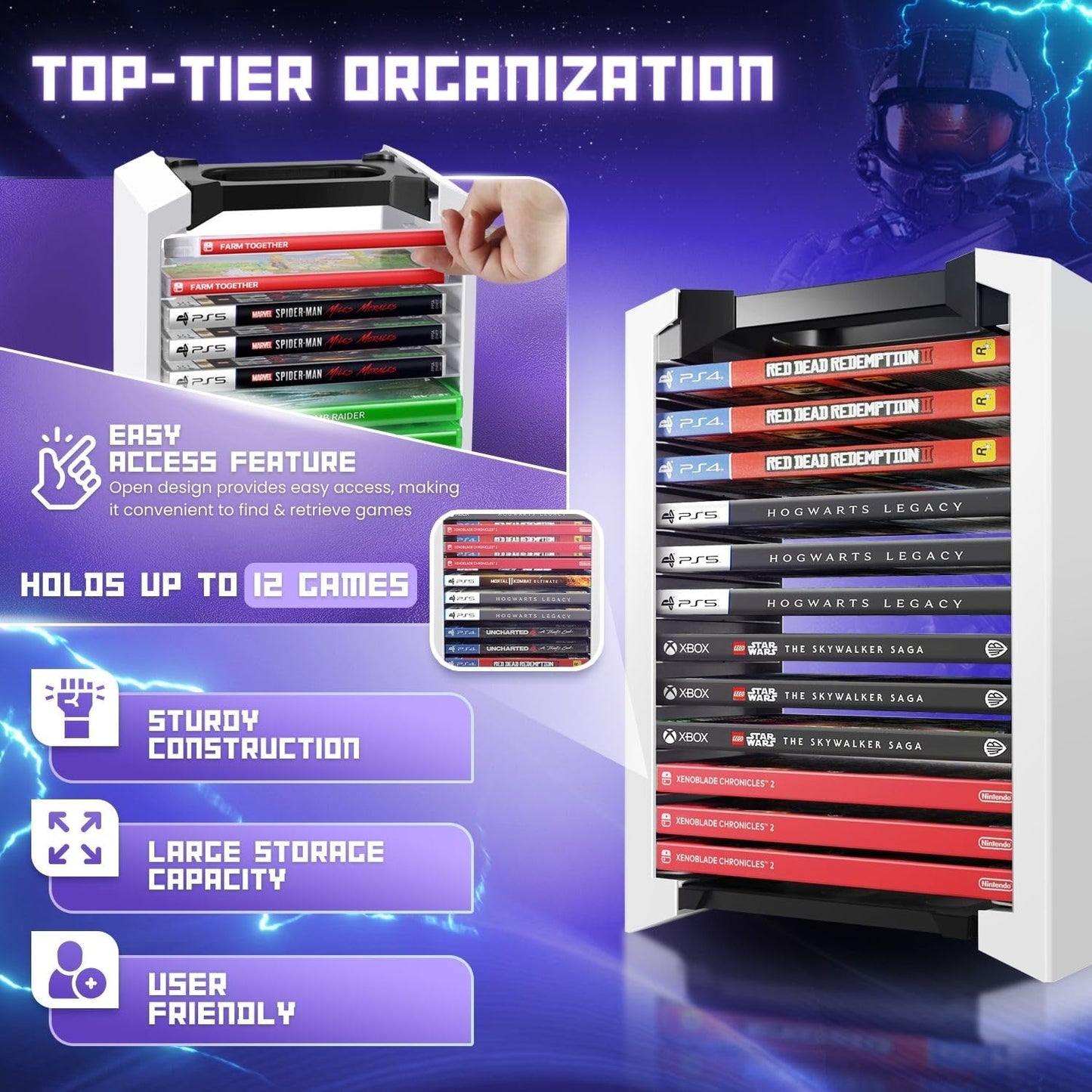 TNP Universal Video Game Storage Tower for PS5, PS4, PS3, Nintendo Switch, Xbox One, Xbox Series S/X - White Video Game Holder Organizer Stand with 12