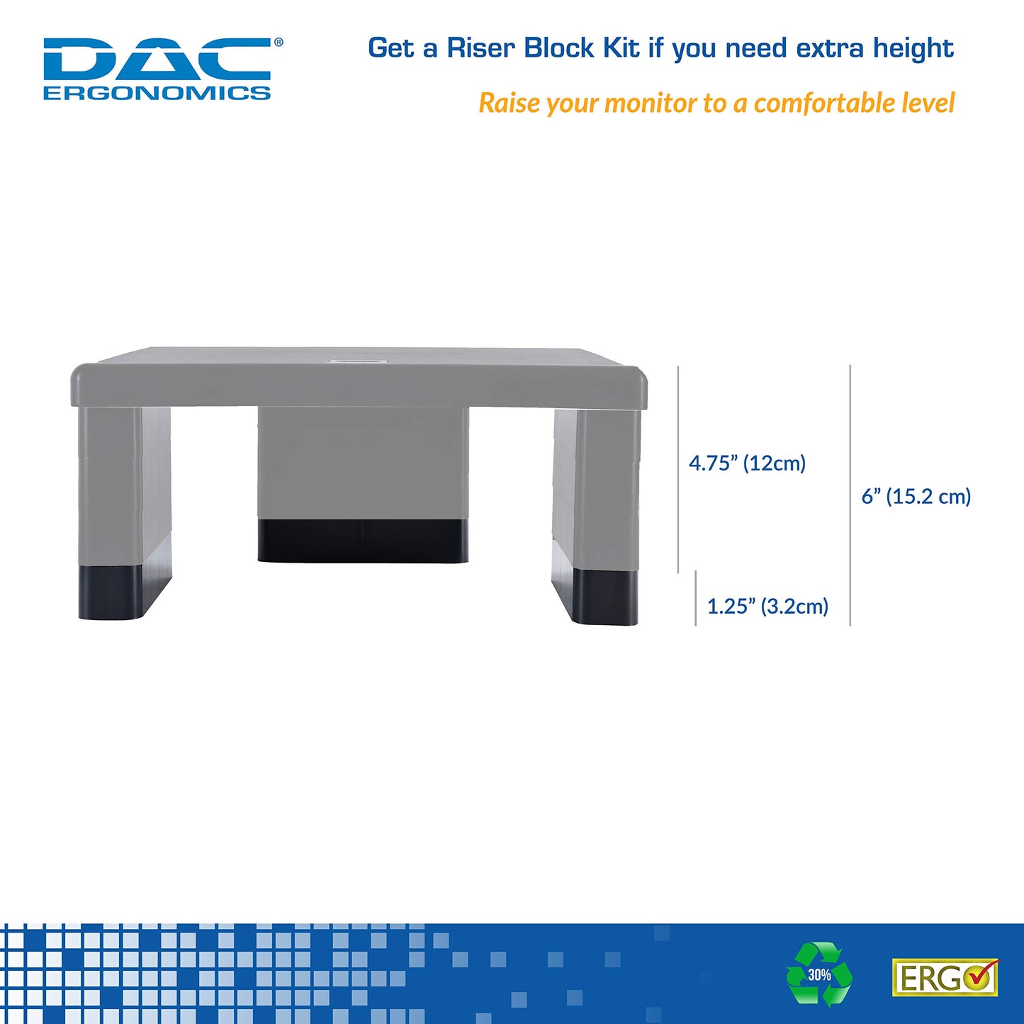 DAC Stax Leg Block Kit for Height-Adjustable Rectangular Monitor Stand, 3-Piece, Raise Monitor Riser by 1-1/4"