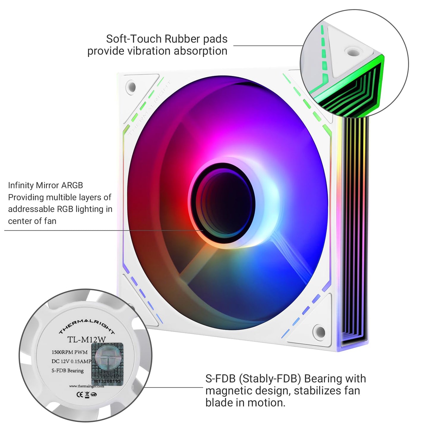 Thermalright TL-M12W-S 120mm ARGB CPU Fan, with 1500RPM Speed, White Computer Case Fan, Quiet 4pin PWM PC Fan, for S-FDB Bearing CPU Cooler Fan,ARGB