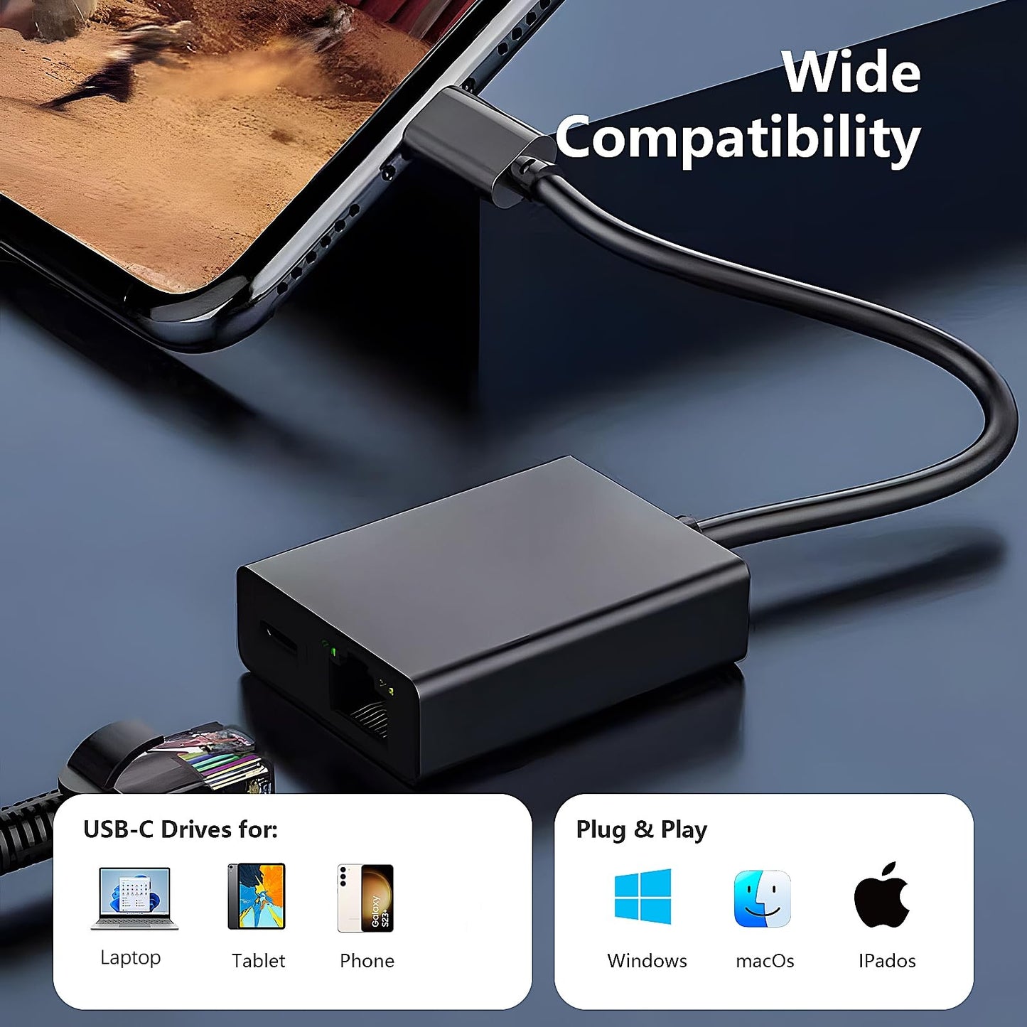 USB C to Ethernet Adapter with Charging for iPhone 15 Pro/Max, 3.3FT USB-C to RJ45 Ethernet Adapter, Compatible MacBook Pro Air, Samsung, iPad