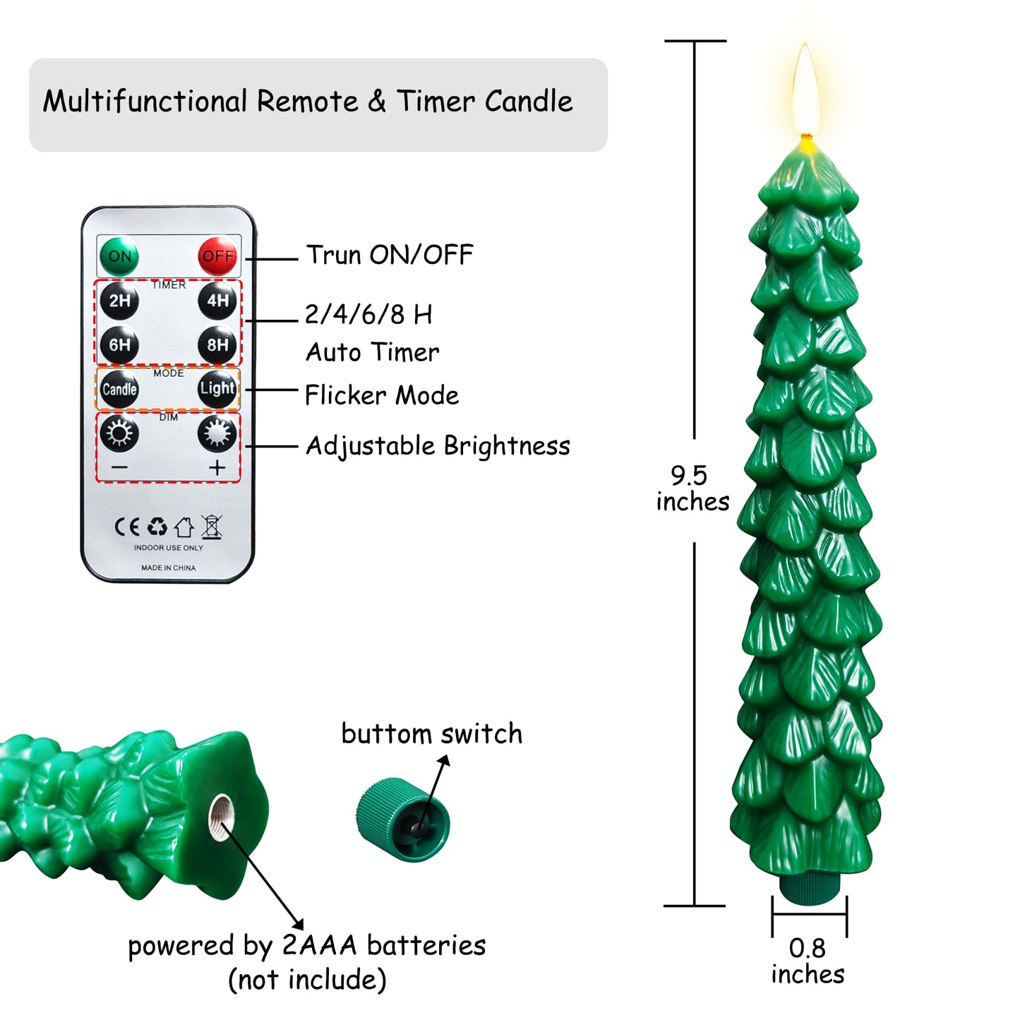 Tecobo 9.5Inches Real Wax Flameless Christmas Tree Taper Candles with Remote Timer, 2Pcs Battery Operated Taper Candles with 3D Wick Warm White