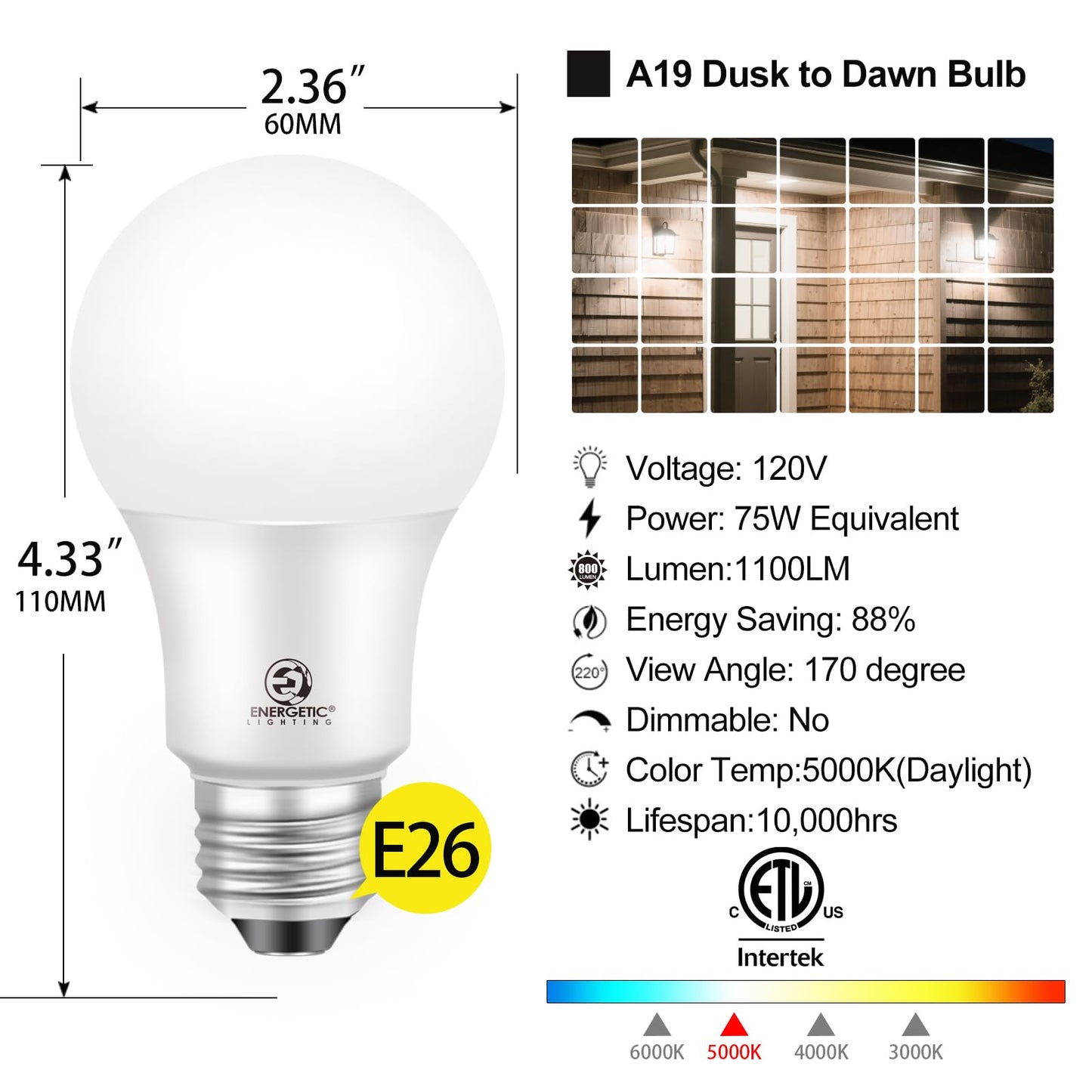 Dusk to Dawn LED Outdoor Light Bulb, 75 Watt Equivalent, 9W 1100 Lumens, 5000K Daylight LED Light Bulbs, E26 Base, Automatic On/Off Sensor Light Bulb
