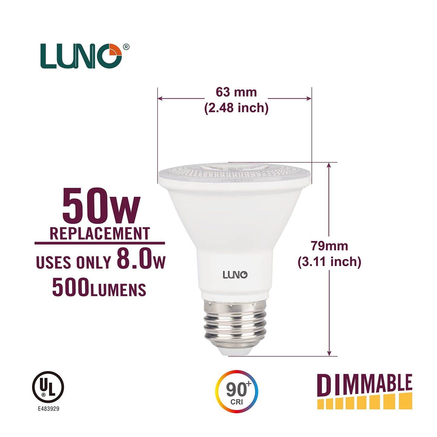 LUNO PAR20 Dimmable LED Bulb, CRI 90+, 8W (50W Equivalent), 500 Lumens, 4000K (Neutral White), Medium Base (E26), UL Listed (4-Pack)