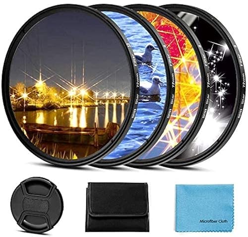 67mm Star Filter 4 Pieces Starburst Lens Filter(4 Points,6 Points,8 Points,12 Points) with Centre Pinch Lens Cap for Canon Nikon Sony Olympus Pentax