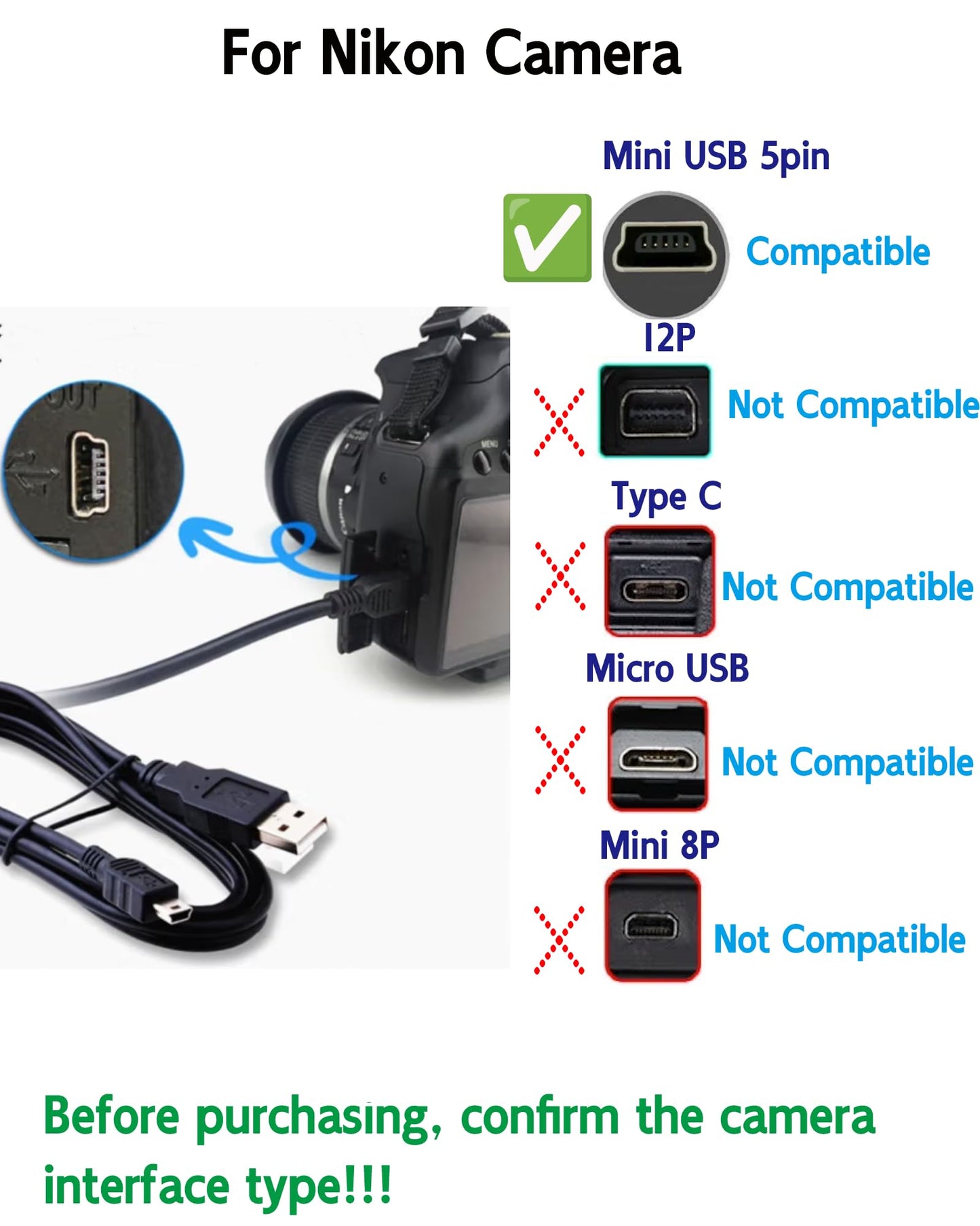 3.3ft Replacement UC-E4, UC-E15, UC-E19 USB Cable Photo Transfer Cord for Nikon D7000 D3100 D3000 D90 D80 D70 D60 D50 D40 D600 D610 D700 D300 D200