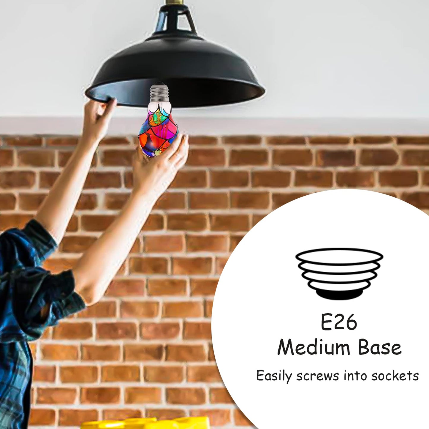 VALUCKY Stained Glass LED Light Bulb, E26 Base 6W A19/A60 LED Colorful Bulb for Party Lighting, Bedside Lamp, Festive Atmosphere, Christmas Halloween