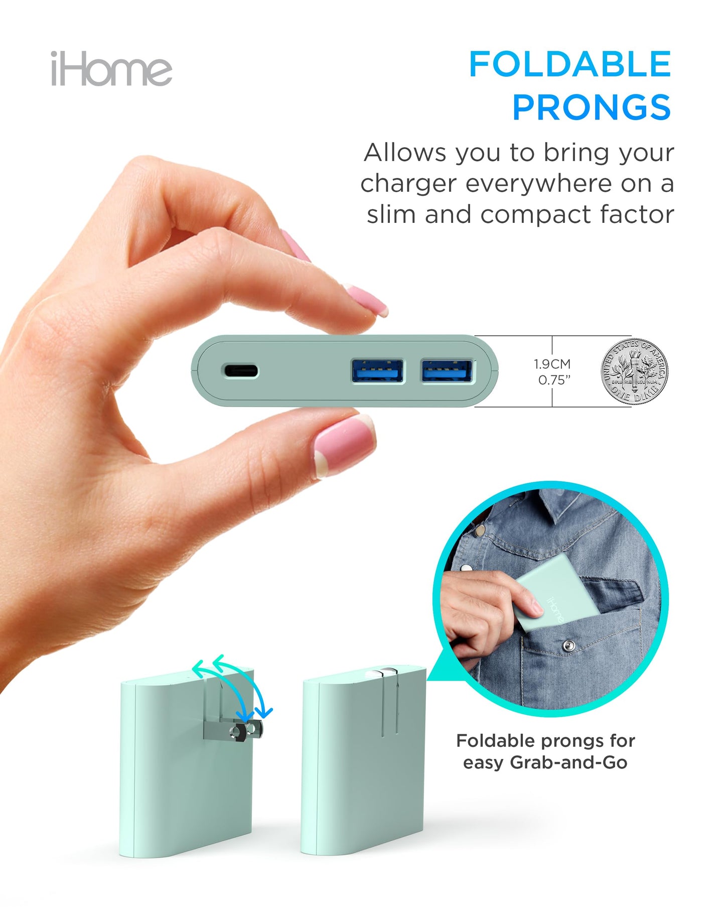 iHome 32W AC Pro Multi Port USB Wall Charger Block - Charging Station for Multiple Devices with 3 Ports (1 USB-C, 2 USB-A) - Fast Charging, Universal