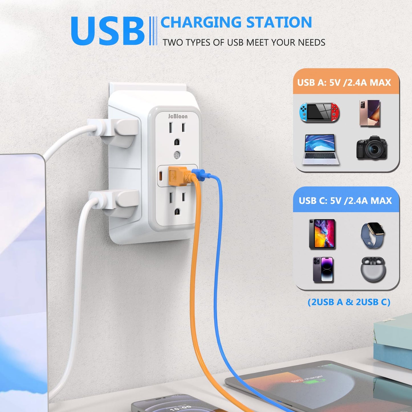 JcBlaon Outlet Extender Surge Protector - 6 Outlet Splitter with 4 USB Ports (2 USB C), Multiple Plug Expander Wall Charger, 3 Sided Multi Plug Wall
