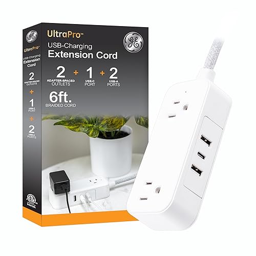 GE Flat Plug Power Strip Extension Cord with USB Ports, Travel Power Strip with 2 Outlets 3 USB Ports, Cruise Ship Essentials, 6 Ft Braided Small