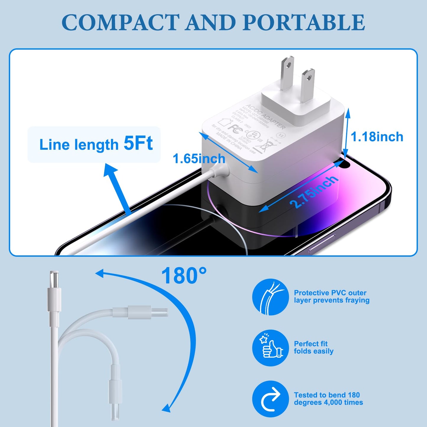 AC Power Cord for PETKIT PuraX Pura X Max P9901 P9902 PG530 Self Cleaning Cat Litter Box Charger Replacement TEKA-TD120200XX AK-P6111121 2AEDG-P530…