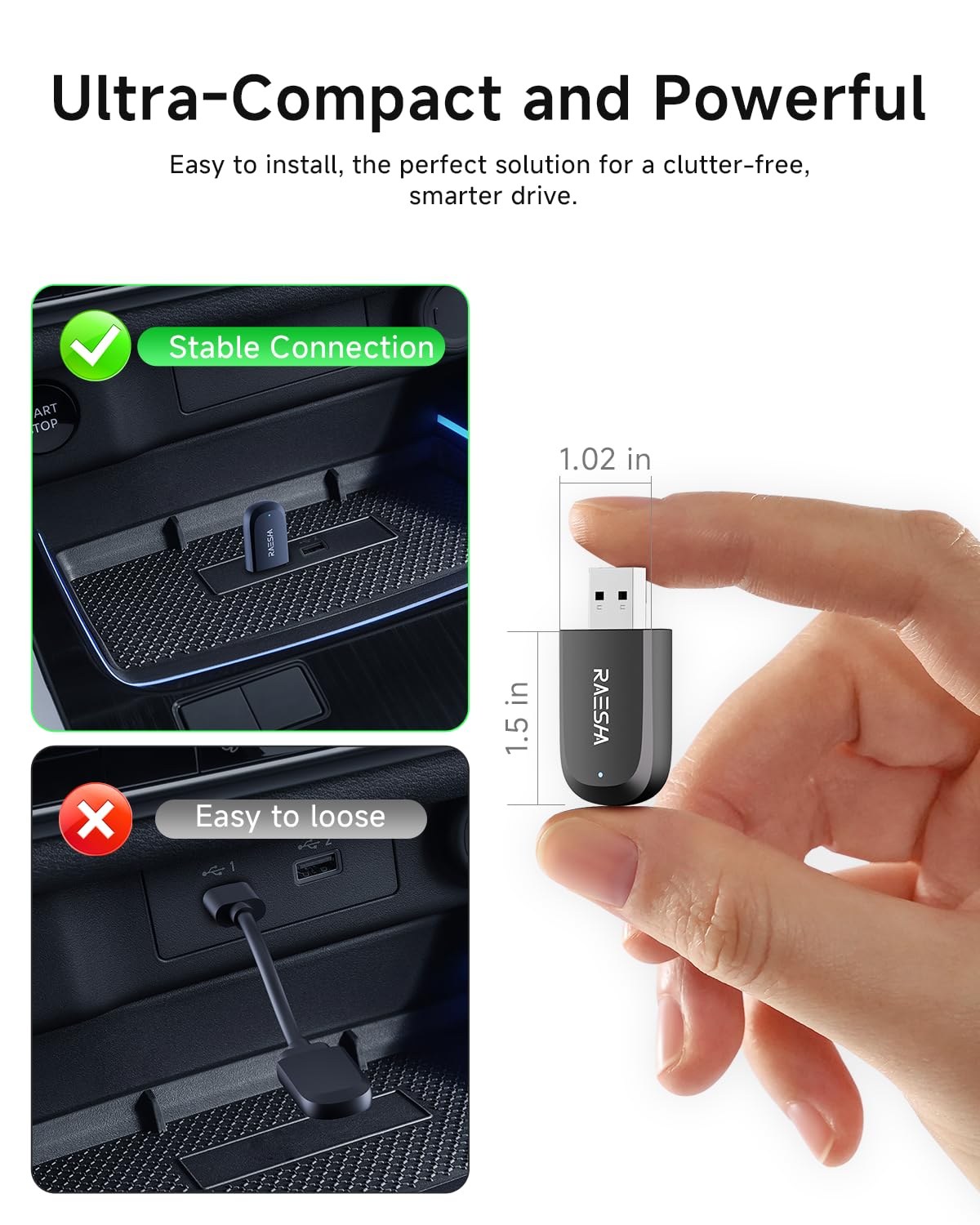 RAESHA Wireless CarPlay Adapter - Mini 2 in 1 Wireless CarPlay Adapter for Both Apple CarPlay and Android Auto - Easy Installation, Clutter-Free